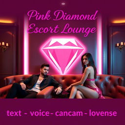 An exclusive escort lounge featuring an attractive male escort and an elegant female escort, situated in a luxurious setting adorned with plush seating and ambient lighting