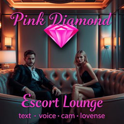 An exclusive escort lounge featuring an attractive male escort and an elegant female escort, situated in a luxurious setting adorned with plush seating and ambient lighting