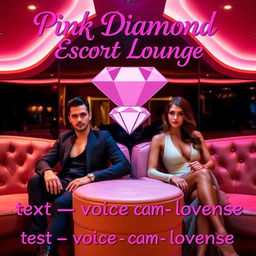 An exclusive escort lounge featuring an attractive male escort and an elegant female escort, situated in a luxurious setting adorned with plush seating and ambient lighting