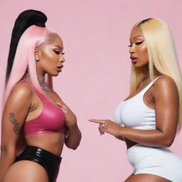 Illustrate an abstract conceptual scene depicting Nicki Minaj and Megan Thee Stallion in a heated discussion, symbolizing their feud, while still maintaining respect for both artists.