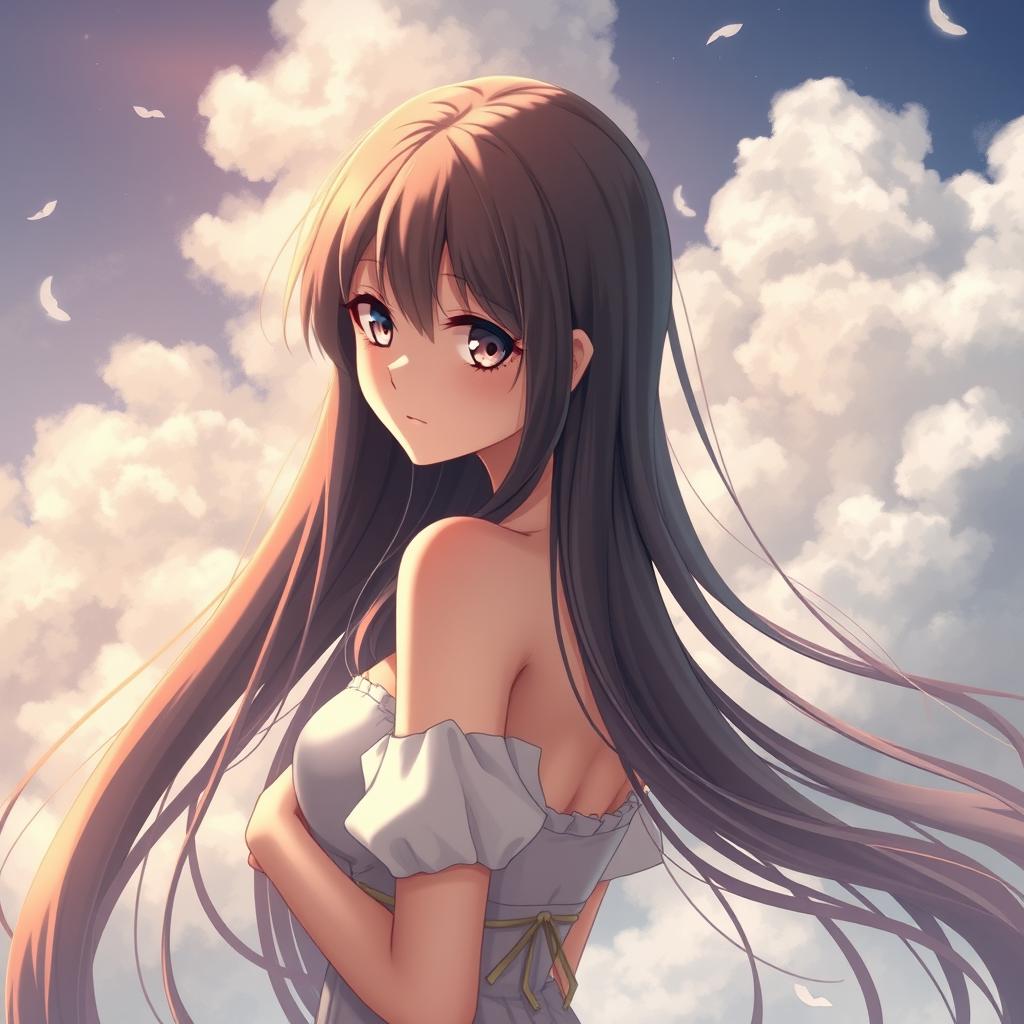 A sensual and alluring anime scene featuring a beautifully drawn girl with long flowing hair