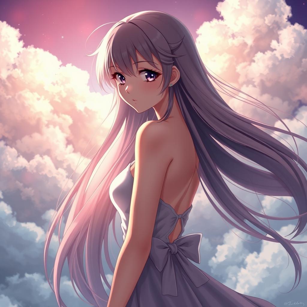 A sensual and alluring anime scene featuring a beautifully drawn girl with long flowing hair