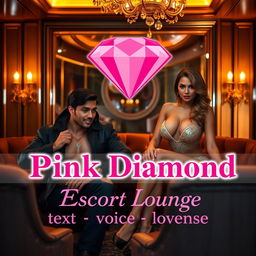 An upscale escort lounge featuring two captivating escorts, a charming male and an alluring female, within an exquisite and plush environment