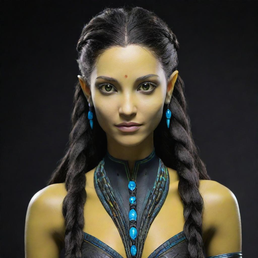 Illustrate a 15-year-old female Na'vi with a unique hairstyle: the upper part is short, while the lower part is luxuriously long and intricately braided, all done in deep black.