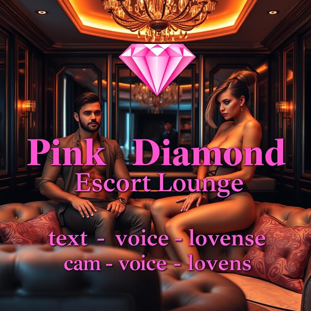 An upscale escort lounge featuring two captivating escorts, a charming male and an alluring female, within an exquisite and plush environment