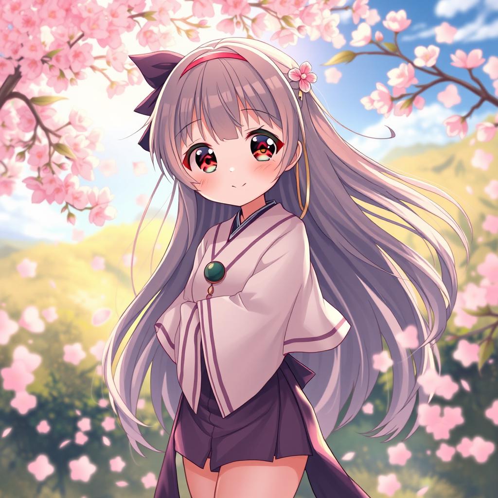 A cute anime girl with long, flowing hair, large expressive eyes, and a playful smile, standing amidst a beautiful fantasy landscape filled with cherry blossoms and soft sunlight