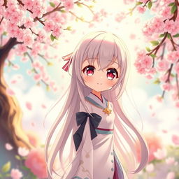 A cute anime girl with long, flowing hair, large expressive eyes, and a playful smile, standing amidst a beautiful fantasy landscape filled with cherry blossoms and soft sunlight