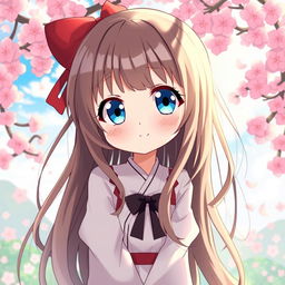 A cute anime girl with long, flowing hair, large expressive eyes, and a playful smile, standing amidst a beautiful fantasy landscape filled with cherry blossoms and soft sunlight