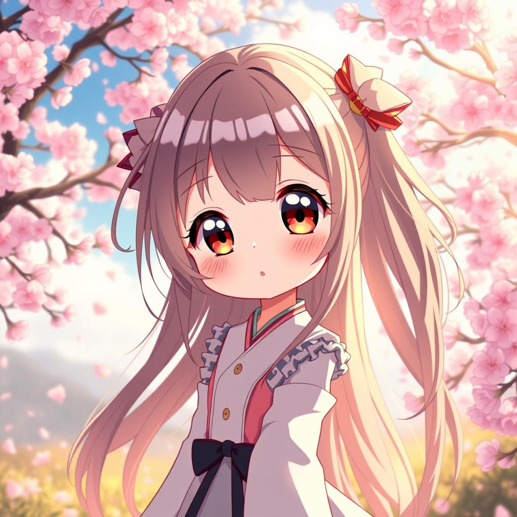 A cute anime girl with long, flowing hair, large expressive eyes, and a playful smile, standing amidst a beautiful fantasy landscape filled with cherry blossoms and soft sunlight