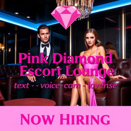 A luxurious escort lounge setting featuring an elegant male escort and a captivating female escort, positioned within a plush, elegantly designed environment