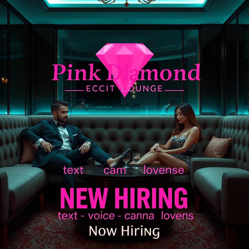 A luxurious escort lounge setting featuring an elegant male escort and a captivating female escort, positioned within a plush, elegantly designed environment