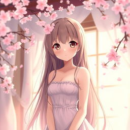 A charming anime girl, with big expressive eyes and long flowing hair, wearing a beautiful dress that highlights her graceful figure