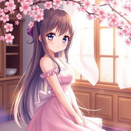 A charming anime girl, with big expressive eyes and long flowing hair, wearing a beautiful dress that highlights her graceful figure