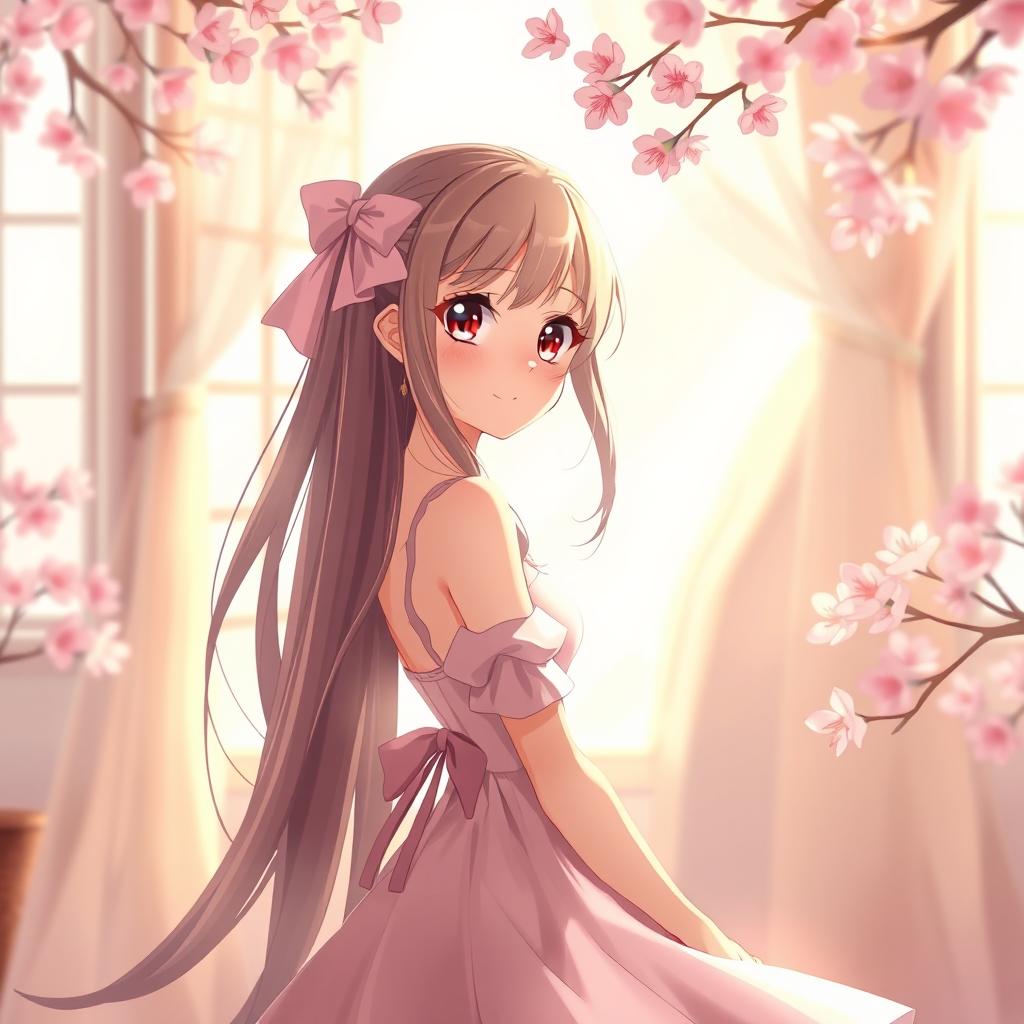 A charming anime girl, with big expressive eyes and long flowing hair, wearing a beautiful dress that highlights her graceful figure