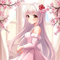 A charming anime girl, with big expressive eyes and long flowing hair, wearing a beautiful dress that highlights her graceful figure