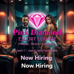 A high-class escort lounge featuring a suave male escort and an enchanting female escort, positioned in an opulent setting with luxurious furnishings and soft, flattering ambient lighting