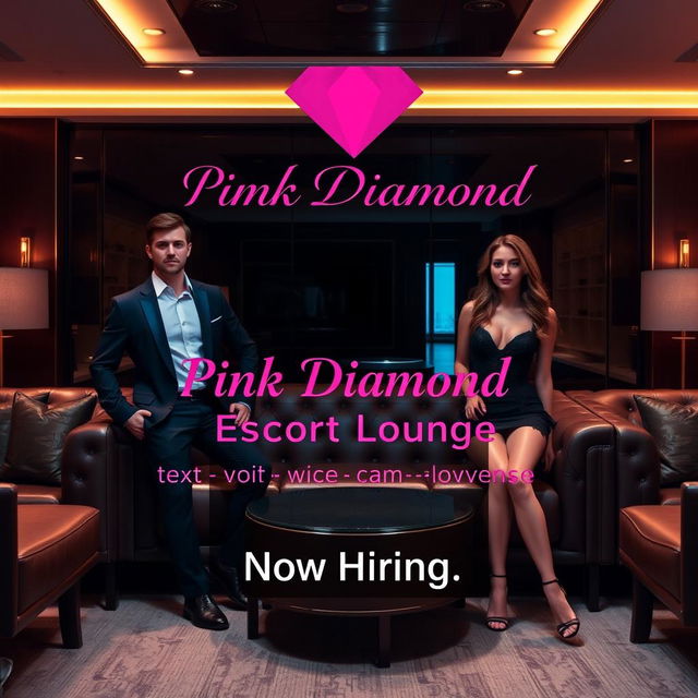 A high-class escort lounge featuring a suave male escort and an enchanting female escort, positioned in an opulent setting with luxurious furnishings and soft, flattering ambient lighting