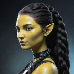 Illustrate a 15-year-old female Na'vi with a unique hairstyle: the upper part is short, while the lower part is luxuriously long and intricately braided, all done in deep black.