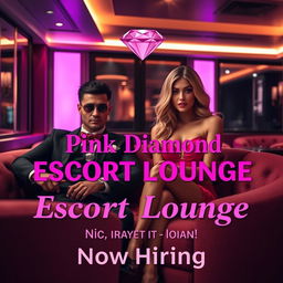 A luxurious and stylish escort lounge featuring a sophisticated male escort and a glamorous female escort