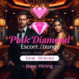 A sophisticated escort lounge featuring a dashing male escort and a stunning female escort, set against a backdrop of luxurious decor and warm, inviting lighting