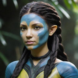 Illustrate a 15-year-old female Na'vi with a unique hairstyle: the upper part is short, while the lower part is luxuriously long and intricately braided, all done in deep black.