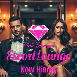 A sophisticated escort lounge featuring a dashing male escort and a stunning female escort, set against a backdrop of luxurious decor and warm, inviting lighting