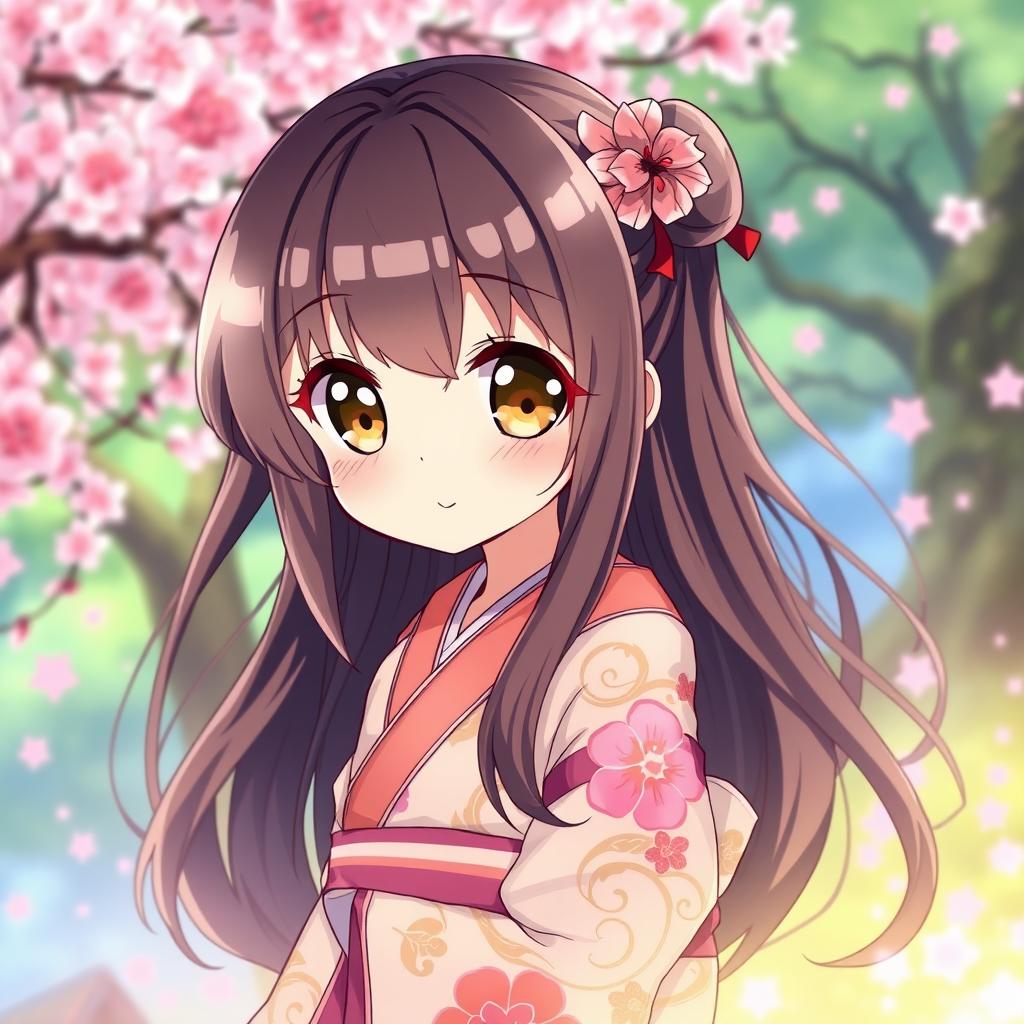 A cute anime girl with long flowing hair and large expressive eyes, surrounded by a vibrant fantasy setting