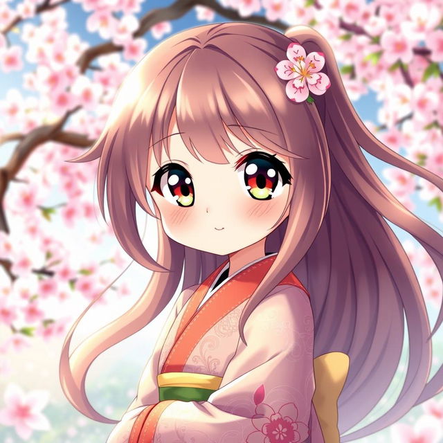 A cute anime girl with long flowing hair and large expressive eyes, surrounded by a vibrant fantasy setting