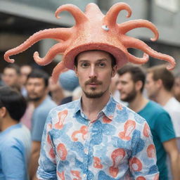 A playful man prominently sporting a unique outfit: a hat shaped like a squid sitting on his head and a shirt, also patterned with squids, making him stand out in the crowd.