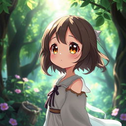 A cute anime girl gazing into the distance, her style reminiscent of Studio Ghibli, standing in a verdant magical forest