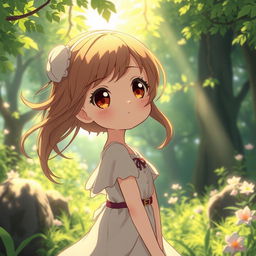 A cute anime girl gazing into the distance, her style reminiscent of Studio Ghibli, standing in a verdant magical forest