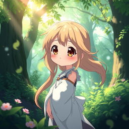 A cute anime girl gazing into the distance, her style reminiscent of Studio Ghibli, standing in a verdant magical forest