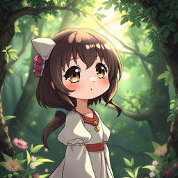 A cute anime girl gazing into the distance, her style reminiscent of Studio Ghibli, standing in a verdant magical forest