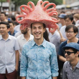 A playful man prominently sporting a unique outfit: a hat shaped like a squid sitting on his head and a shirt, also patterned with squids, making him stand out in the crowd.