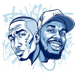 A dynamic illustration featuring two rapper faces, predominantly in blue and white tones