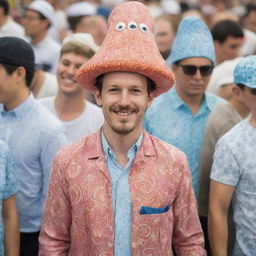 A playful man prominently sporting a unique outfit: a hat shaped like a squid sitting on his head and a shirt, also patterned with squids, making him stand out in the crowd.