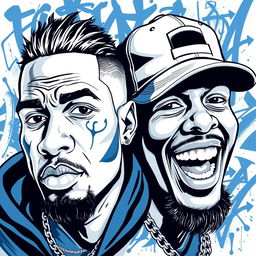 A dynamic illustration featuring two rapper faces, predominantly in blue and white tones