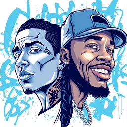 A dynamic illustration featuring two rapper faces, predominantly in blue and white tones