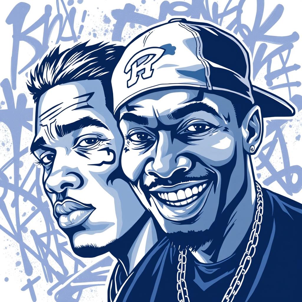 A dynamic illustration featuring two rapper faces, predominantly in blue and white tones