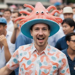 A playful man prominently sporting a unique outfit: a hat shaped like a squid sitting on his head and a shirt, also patterned with squids, making him stand out in the crowd.