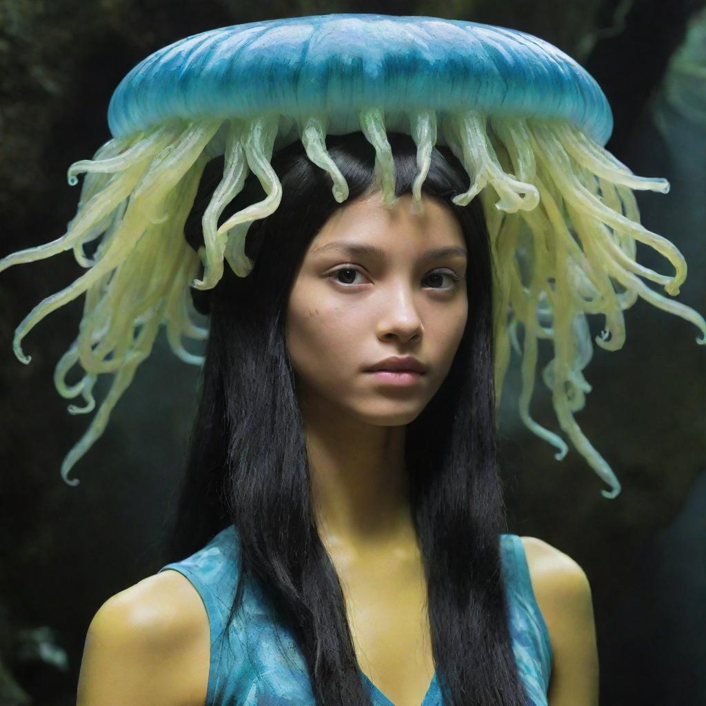 Generate an image of a 15-year-old female forest Na'vi with black hair fashioned into a singular jellyfish-inspired haircut, blending arboreal and aquatic themes.