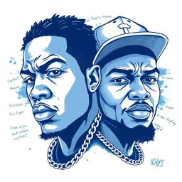 A striking drawing art style illustration featuring two rapper faces in a blue and white color scheme