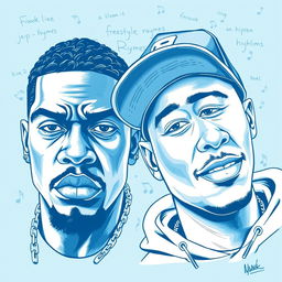 A striking drawing art style illustration featuring two rapper faces in a blue and white color scheme