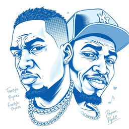 A striking drawing art style illustration featuring two rapper faces in a blue and white color scheme