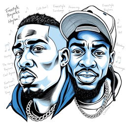 A striking drawing art style illustration featuring two rapper faces in a blue and white color scheme