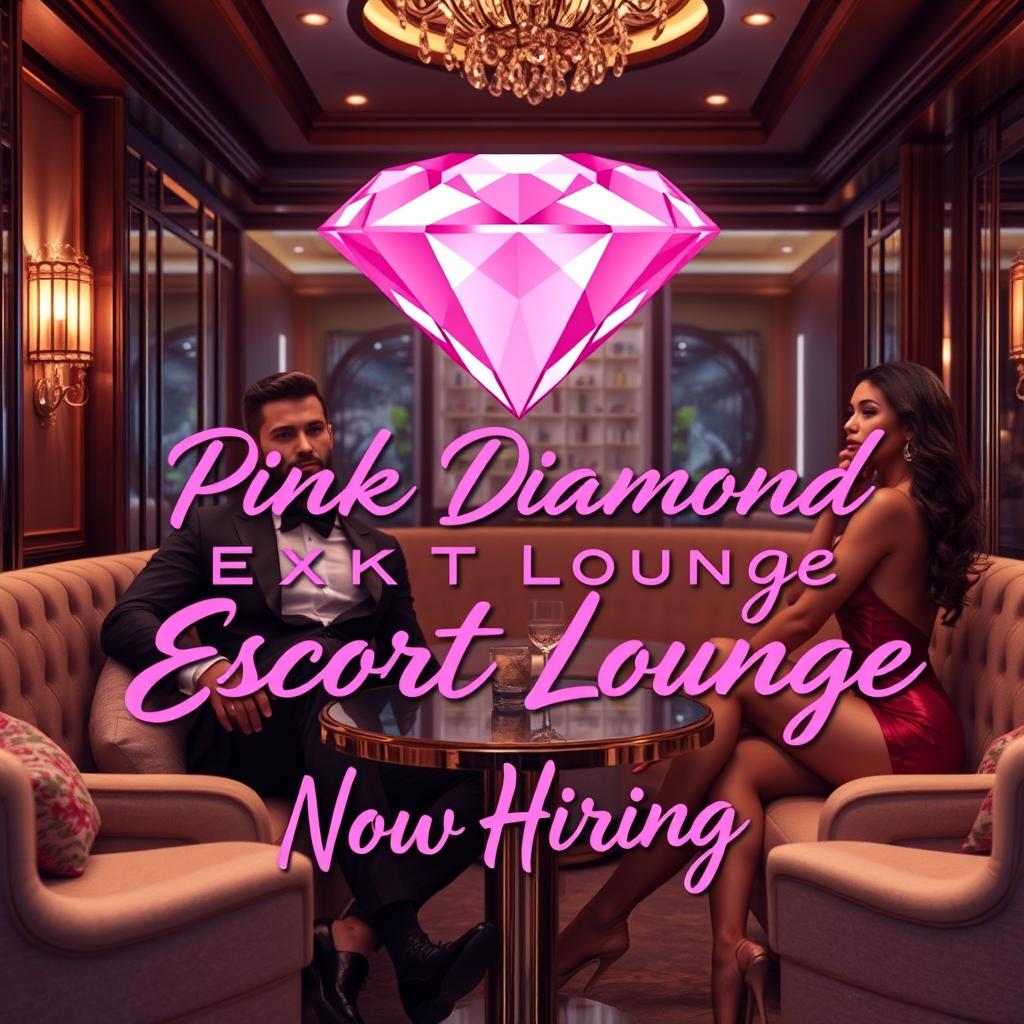 A lavish escort lounge featuring a charming male escort and a captivating female escort, set amidst elegantly designed interiors with plush seating and soft, ambient lighting that highlights the luxurious atmosphere