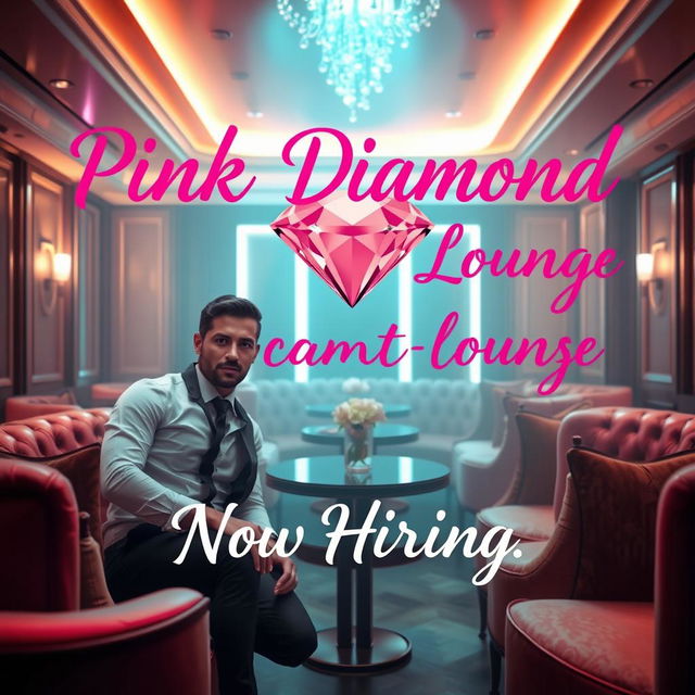 A lavish escort lounge featuring a charming male escort and a captivating female escort, set amidst elegantly designed interiors with plush seating and soft, ambient lighting that highlights the luxurious atmosphere