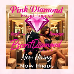 A lavish escort lounge featuring a charming male escort and a captivating female escort, set amidst elegantly designed interiors with plush seating and soft, ambient lighting that highlights the luxurious atmosphere