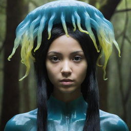 Generate an image of a 15-year-old female forest Na'vi with black hair fashioned into a singular jellyfish-inspired haircut, blending arboreal and aquatic themes.