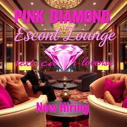 A lavish escort lounge featuring a charming male escort and a captivating female escort, set amidst elegantly designed interiors with plush seating and soft, ambient lighting that highlights the luxurious atmosphere